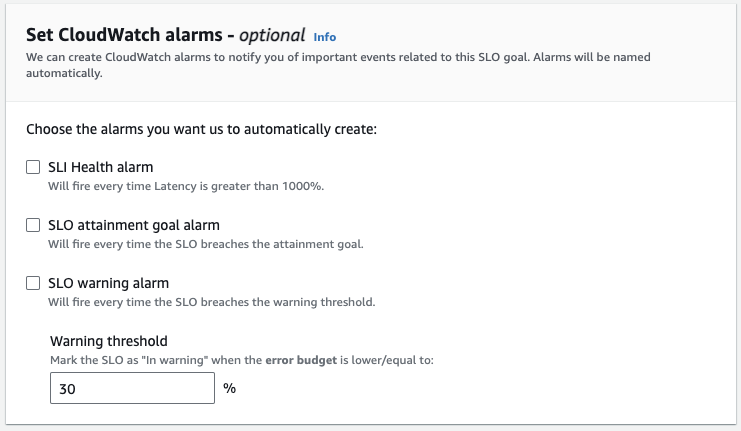 Options to configure CloudWatch alarms for SLO goal