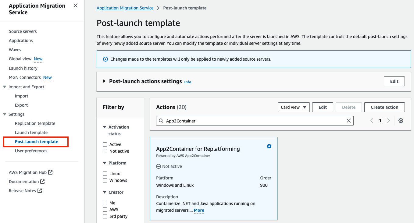 Figure 1: AWS Application Migration Service Post-launch template for the App2Container tile.