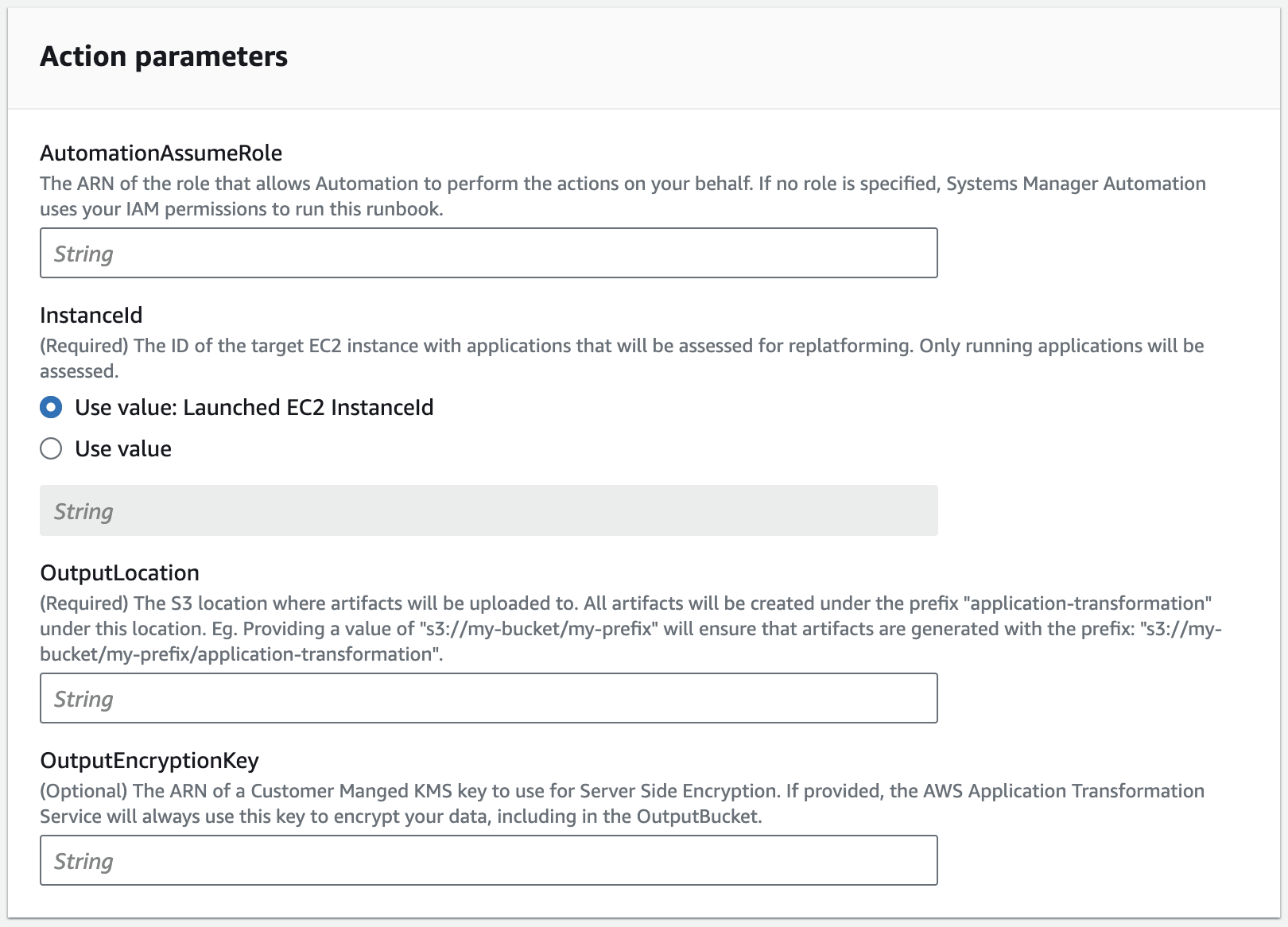 Figure 2: Action parameters for the App2Container for Replatforming console.