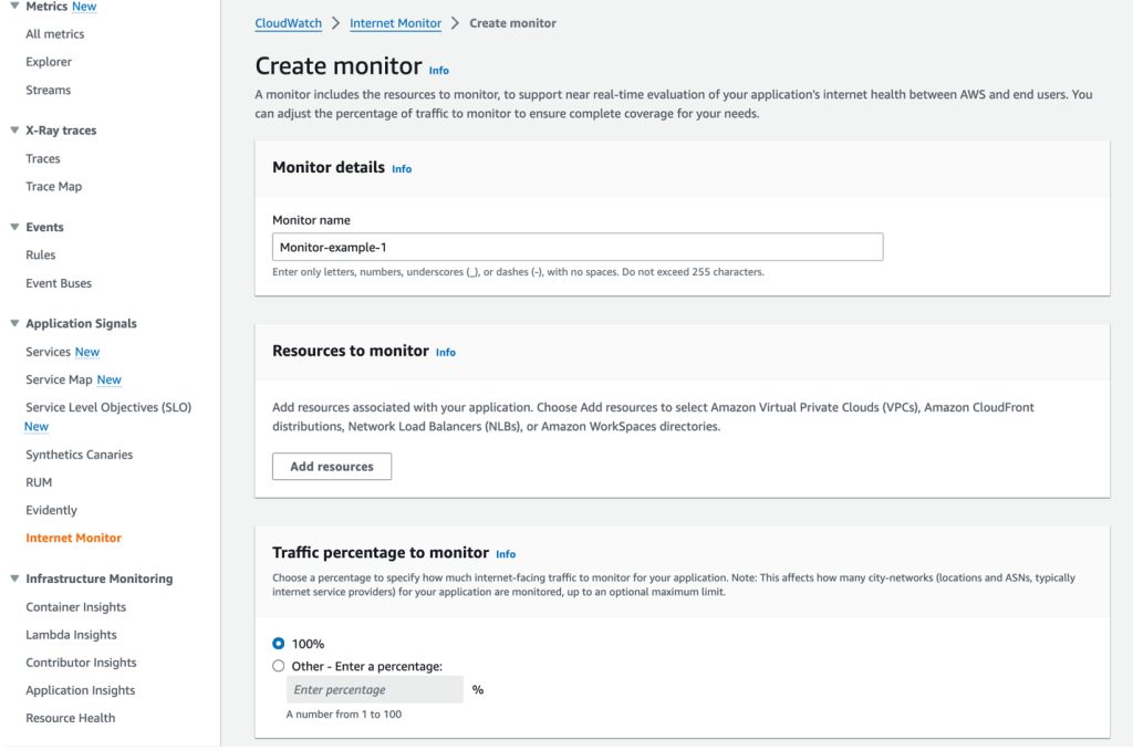 Figure 1. Screenshot of Internet Monitor creation step with required fields