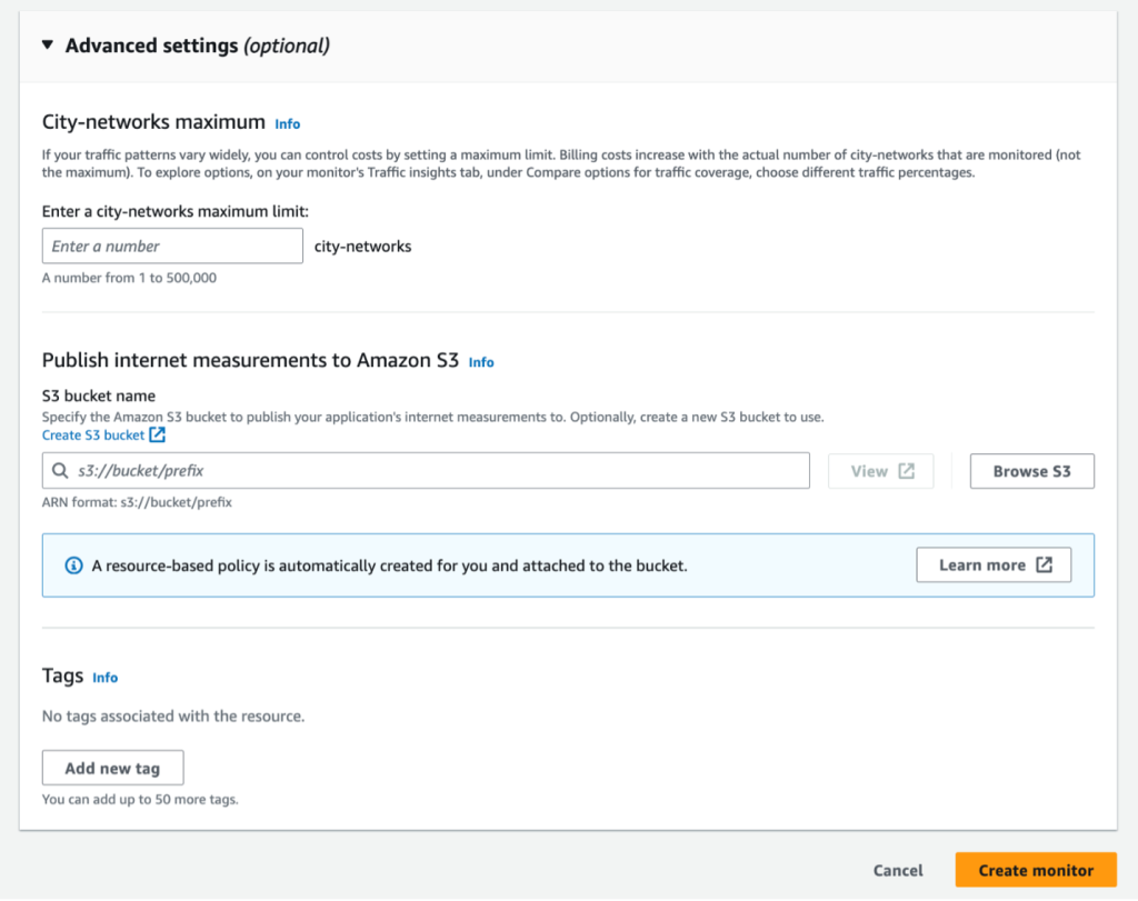 Screenshot of Advanced settings for Internet Monitor creation