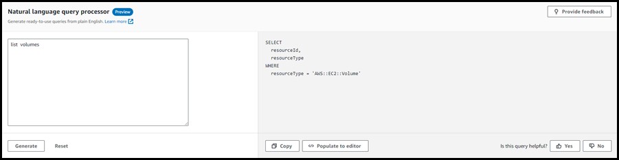 Natural language query processor screen with “list volumes” filled and automated generated SQL statement showing on the right-hand side