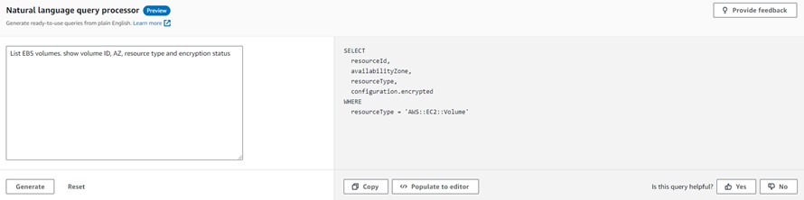 Natural language query processor screen with a refined query specifying additional search field and corresponding generated SQL query on the right-hand side 