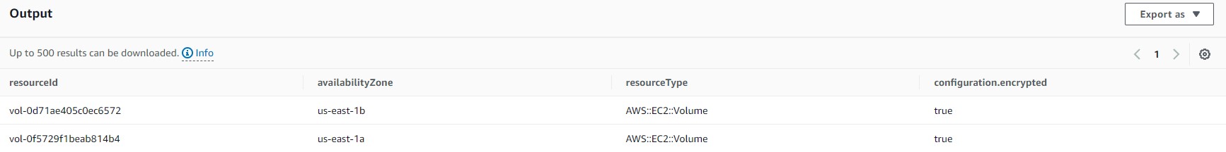 Results of a more complex natural language query showing only the EBS volume where configuration.encrypted field is set to true 