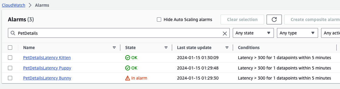 This figure lists the alarms generated on the backend Latency metric extracted using EMF for each pet type