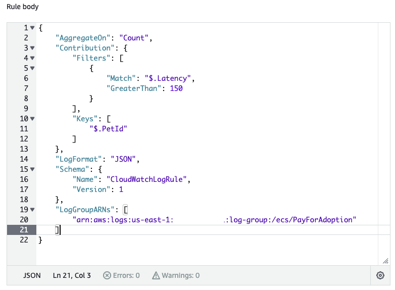 This figure shows how you can create a Contributor Insight custom rule for the log group /ecs/PayForAdoption that focuses on monitoring PetIds where Latency is greater than 150ms in JSON