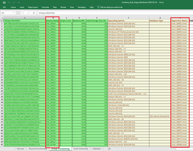 Example Virtual Provisioning sheet showing server names (Column B) and hypervisor names (Column H)