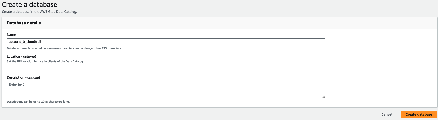 Database details screen where we will give the shared database a name