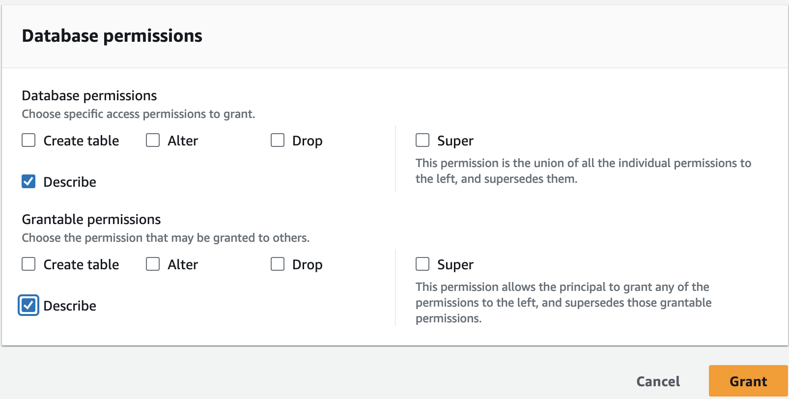 Grant permissions to account B to describe the database