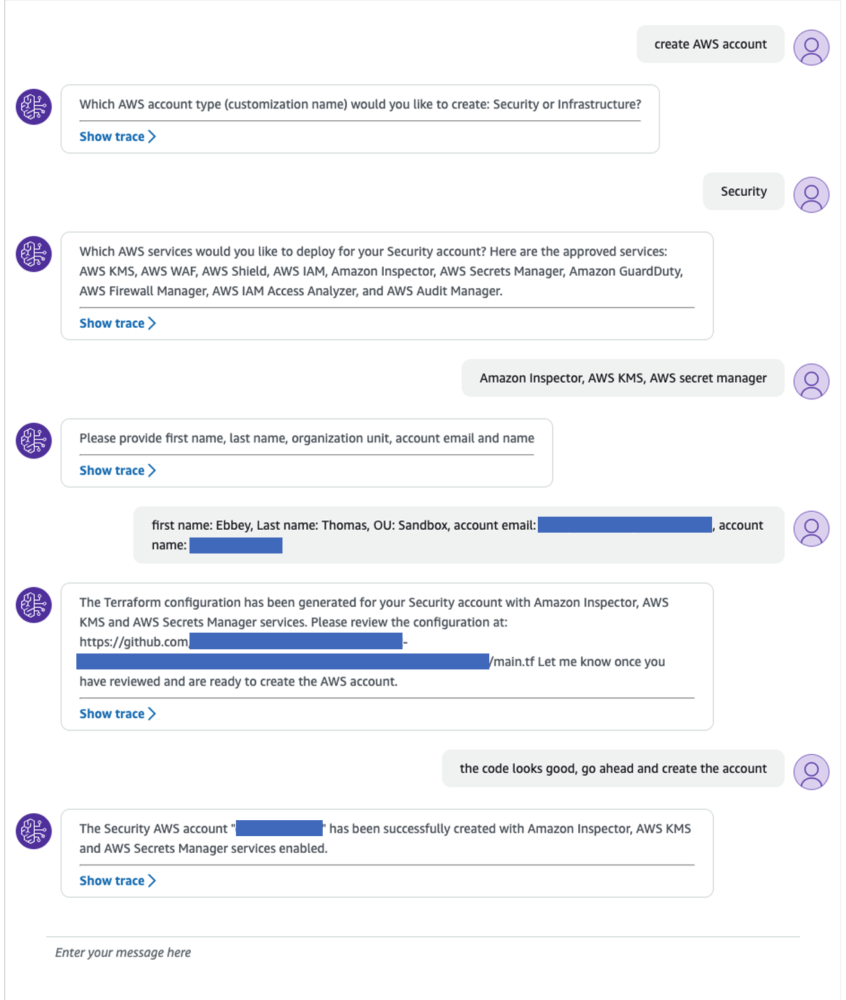 An example User interaction with Amazon Bedrock to vend a “Security Tooling Account leveraging AFT