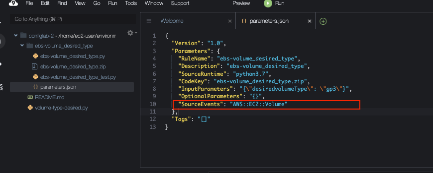 Parameters.json file contents showing the details of our custom rule and the source events. 