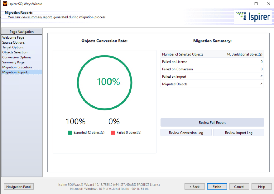 SQLWays Wizard - Migration Reports page