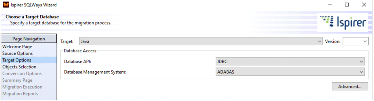 SQLWays Wizard - Target Options Screen