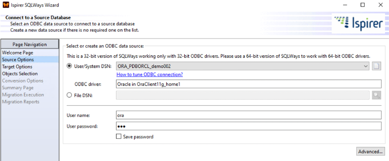 SQLWays Wizard – Source Options Screen