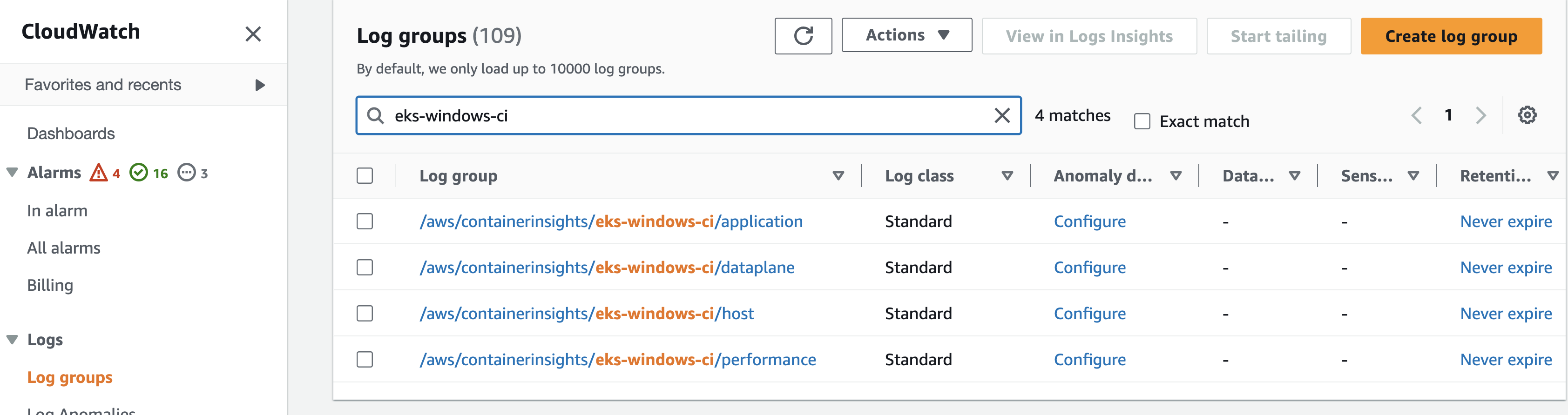 CloudWatch Log groups Console