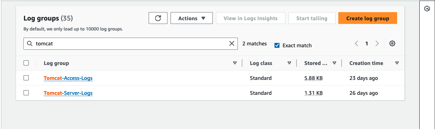 CloudWatch logs console page showing access and server log groups.