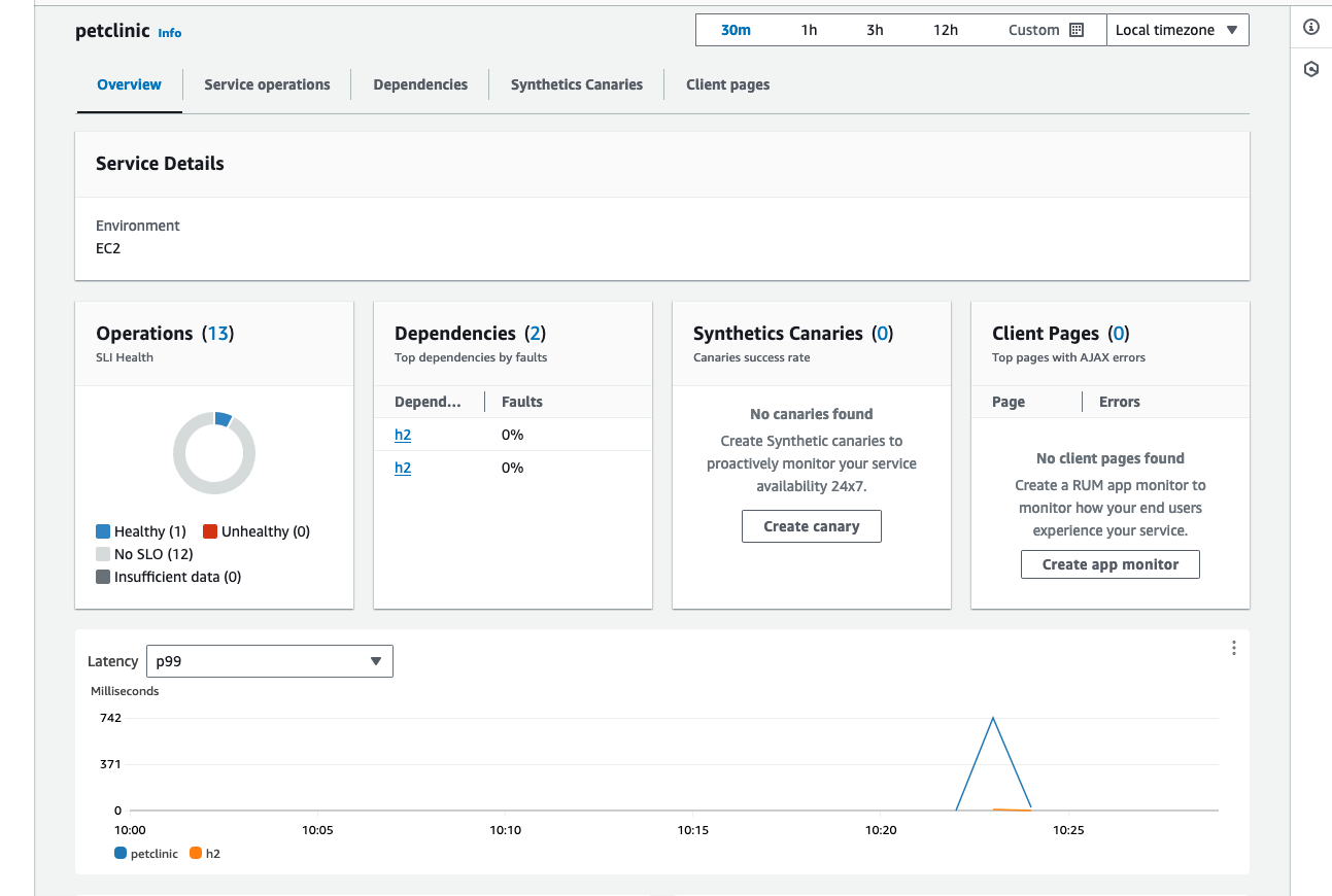 The Service Overview console page summarizes the components that make up your service, and highlights key performance metrics to help you identify issues that require troubleshooting.