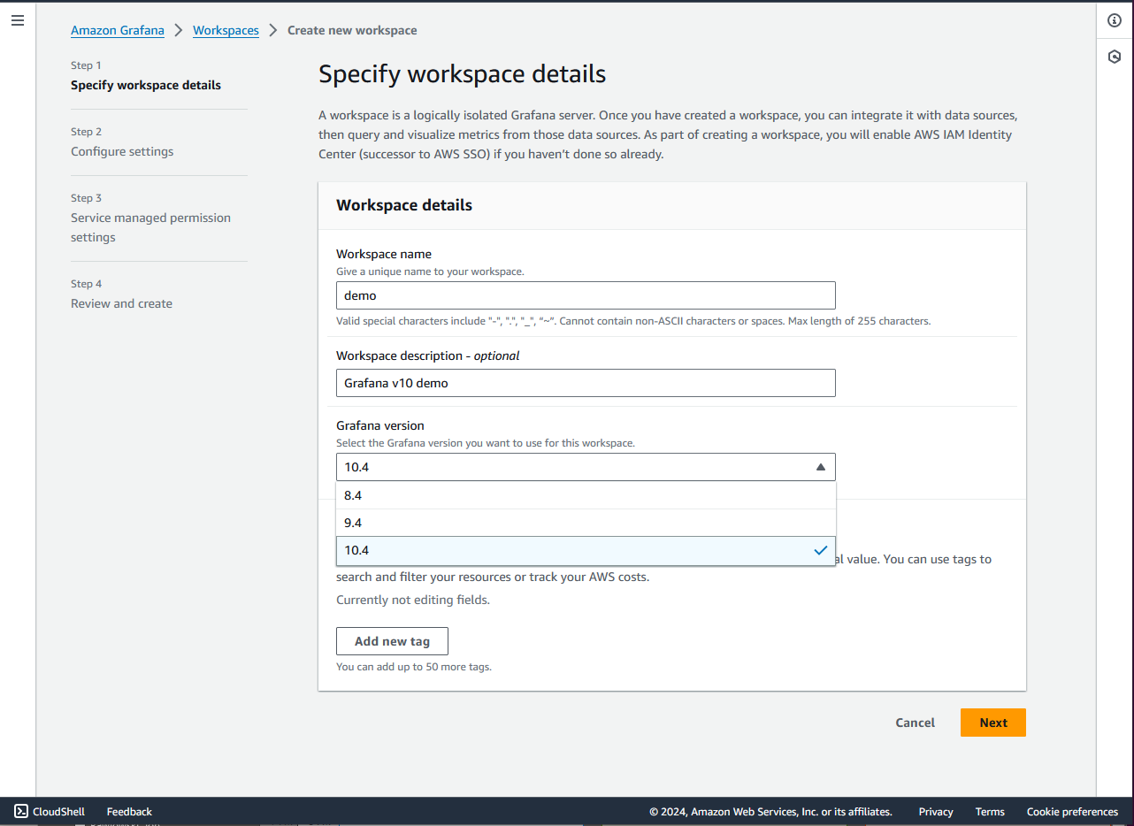 Figure 1 - Selecting a Grafana version for a new workspace