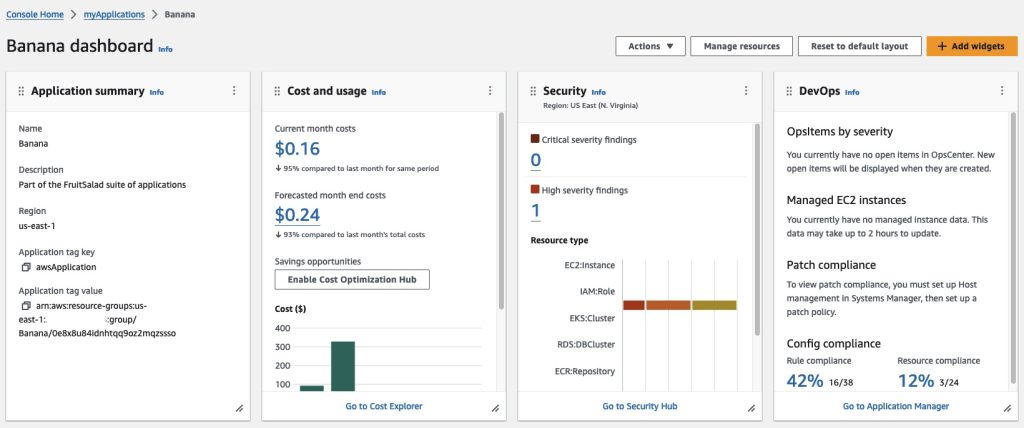 myApplications dashboard for example application called Banana. myApplications dashboard is shown with four widgets to show application summary, cost and usage, security findings and DevOps status such as patch compliance.