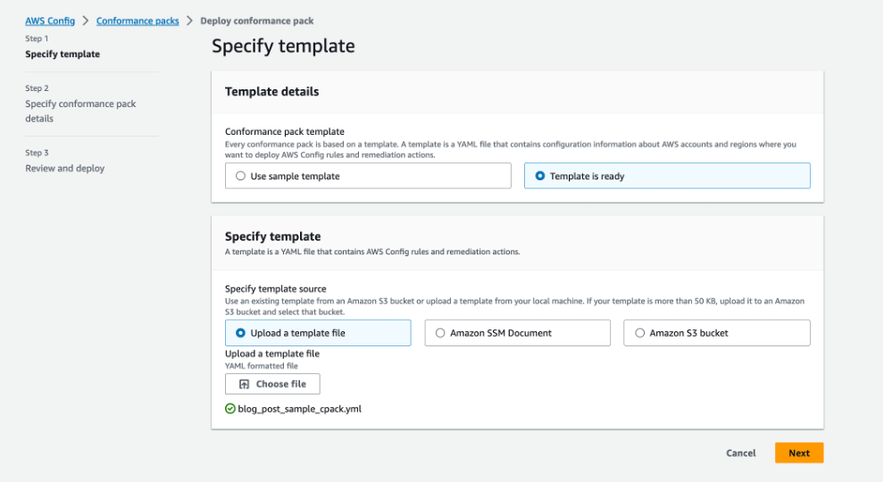 A screen shot showing first stage of deploying a conformance pack in AWS console