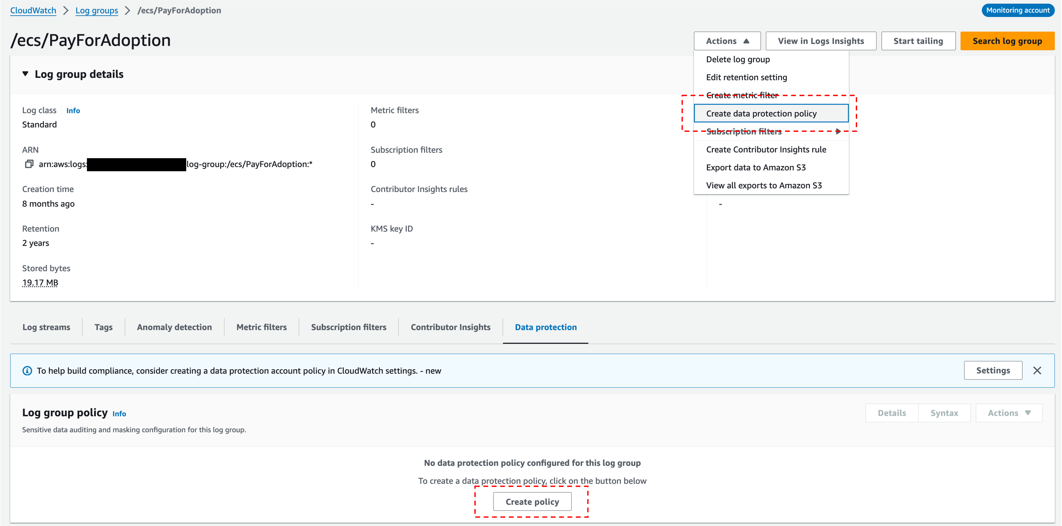 A screen shot of creating data protection policy in CloudWatch console