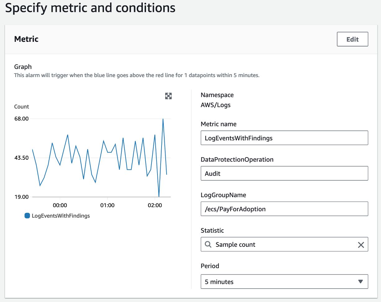 A screen shot of specifying metric settings for the alarm