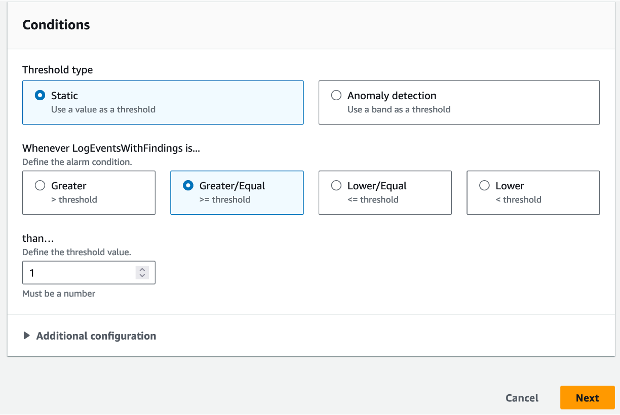 A screen shot of specifying metric conditions for the alarm