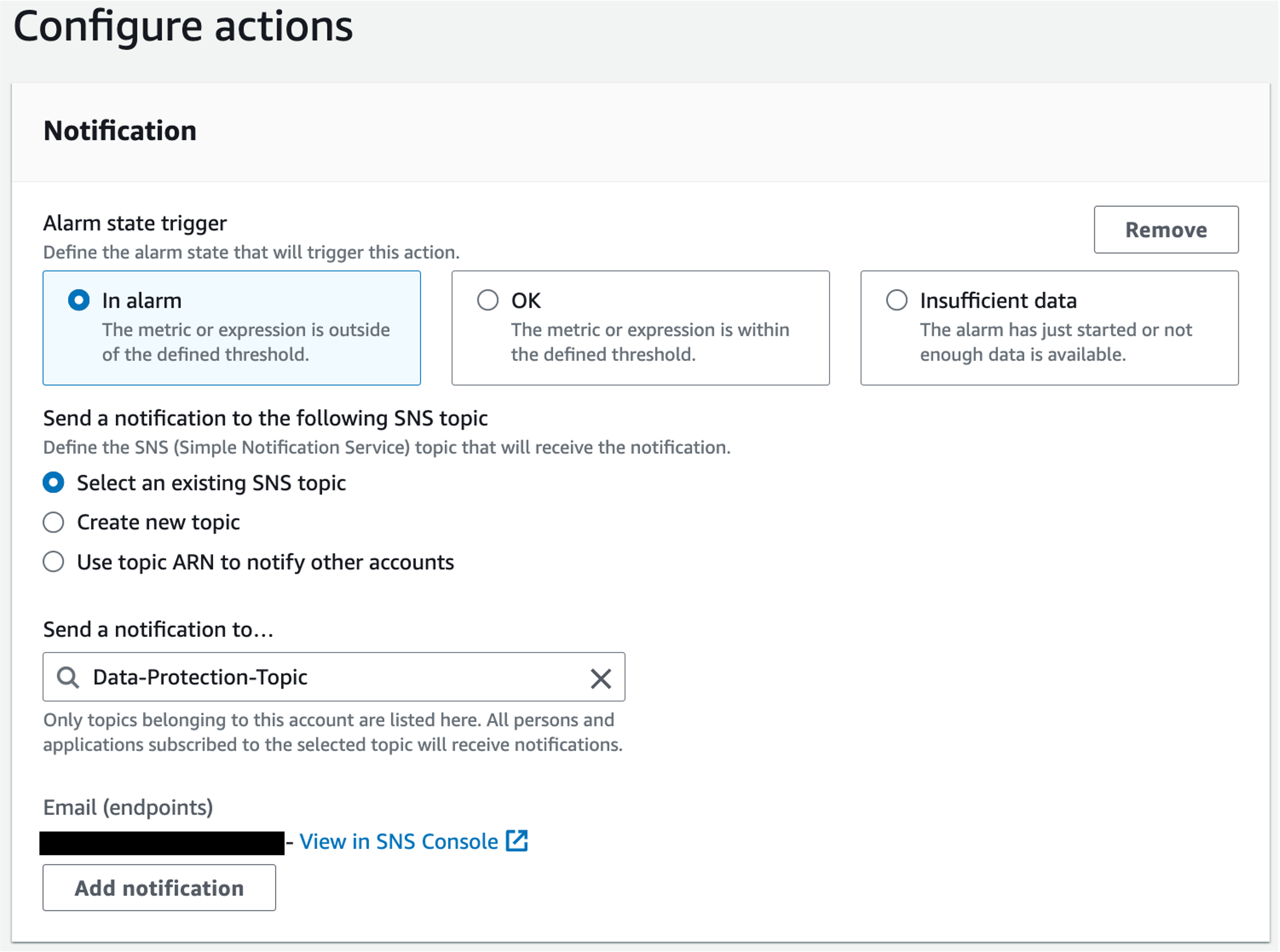 A screen shot of configuring a notification to the SNS topic for the alarm