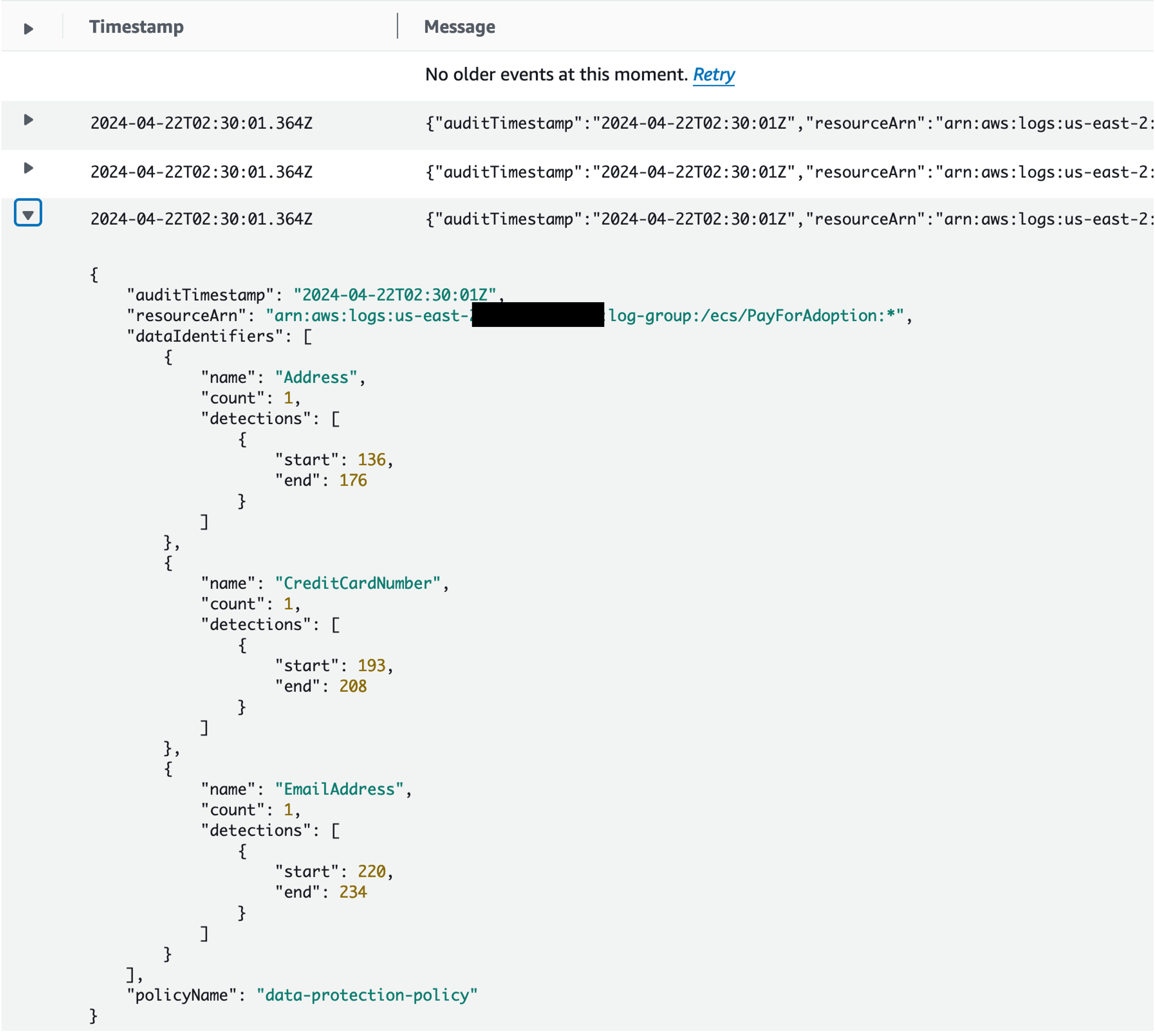 A screen shot of viewing log event structure for sensitive data audit findings