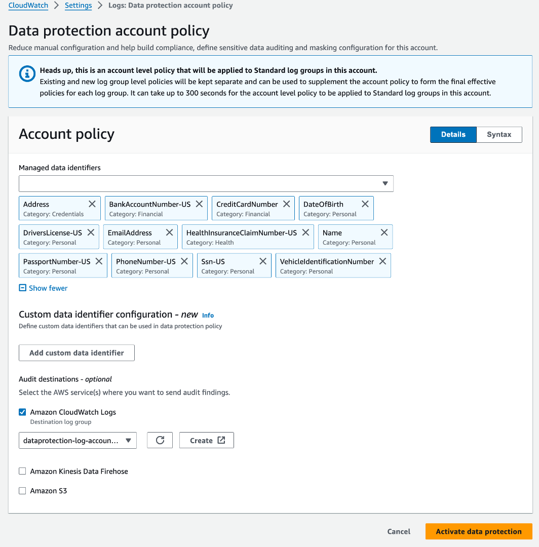 A screen shot of saving data protection account policy