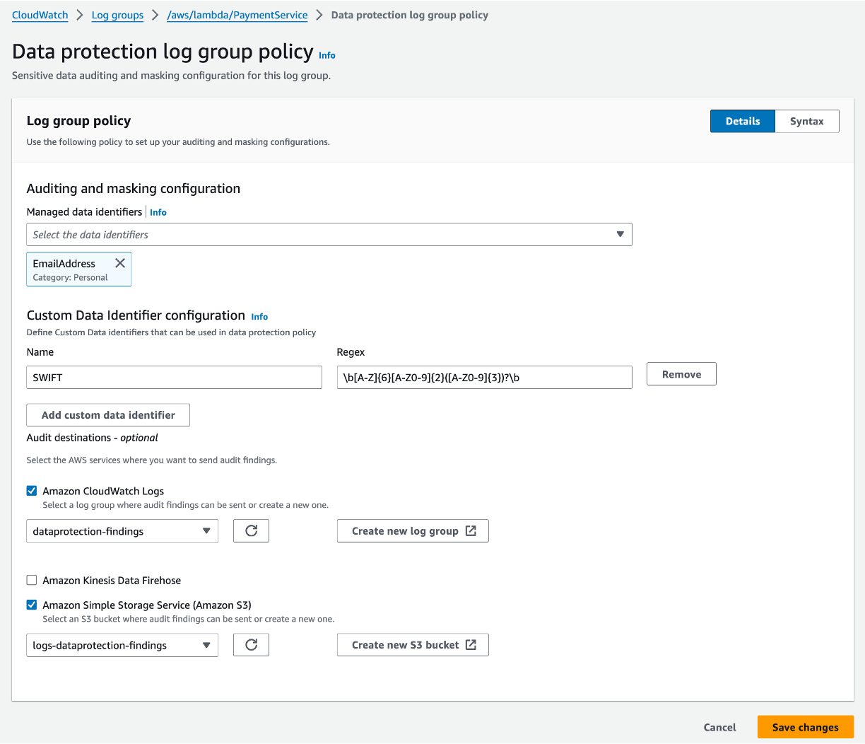 A screen shot of defining custom data identifier configuration