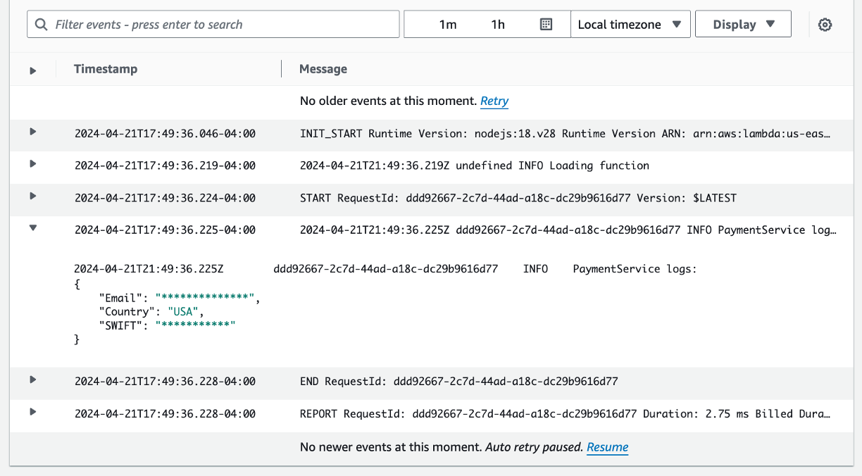 A screen shot of verifying sensitive data masking in logs