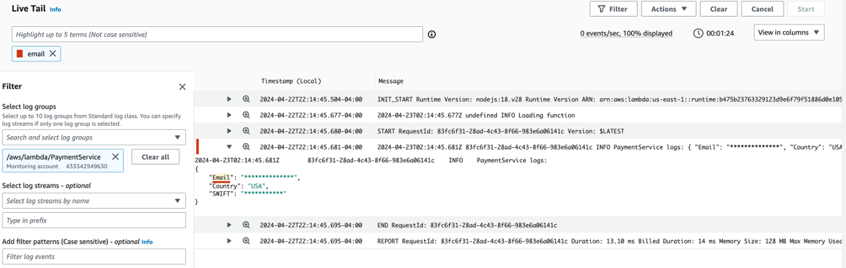 A screen shot of verifying sensitive data masking in Live Tail