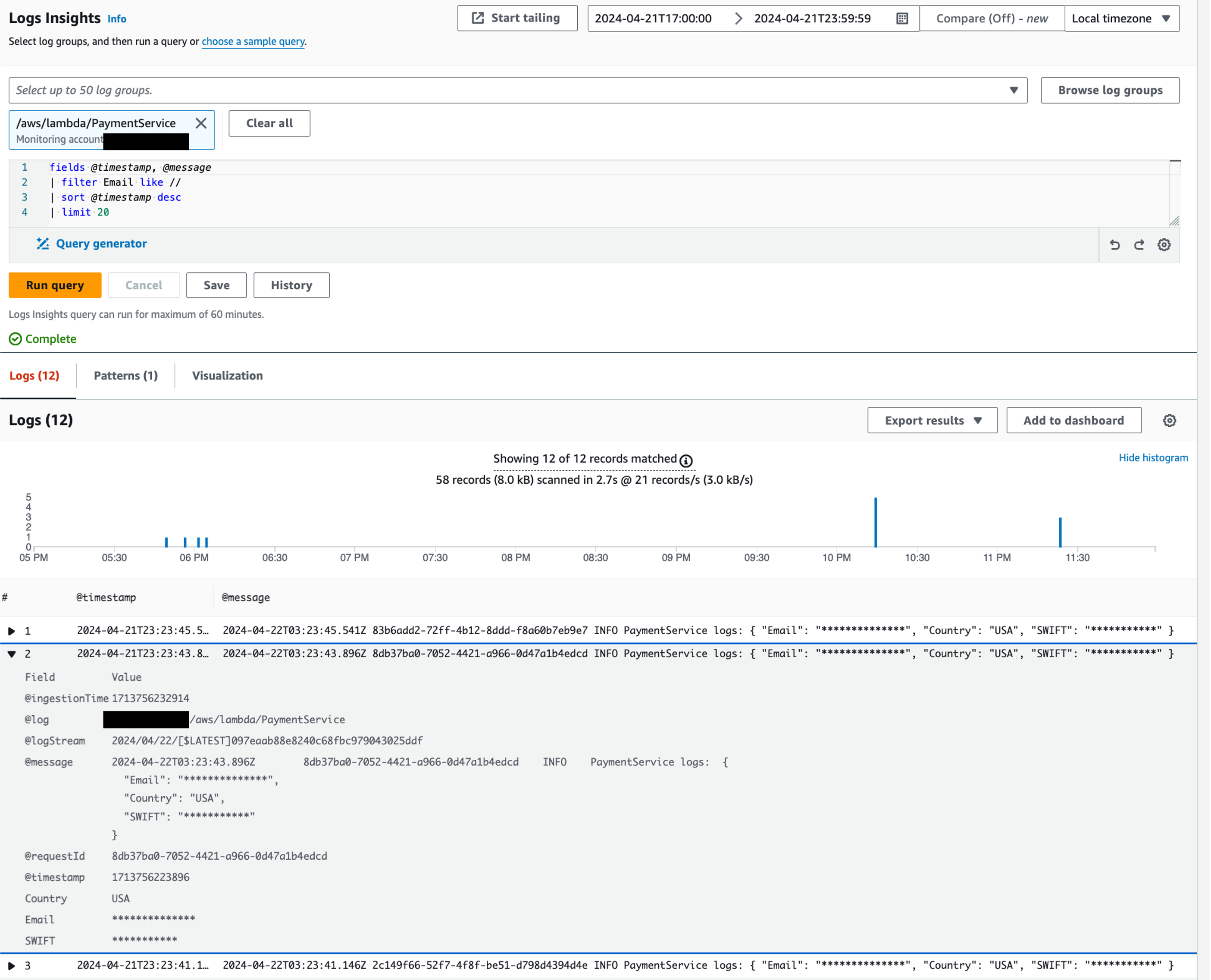 A screen shot of verifying sensitive data masking in Logs Insights