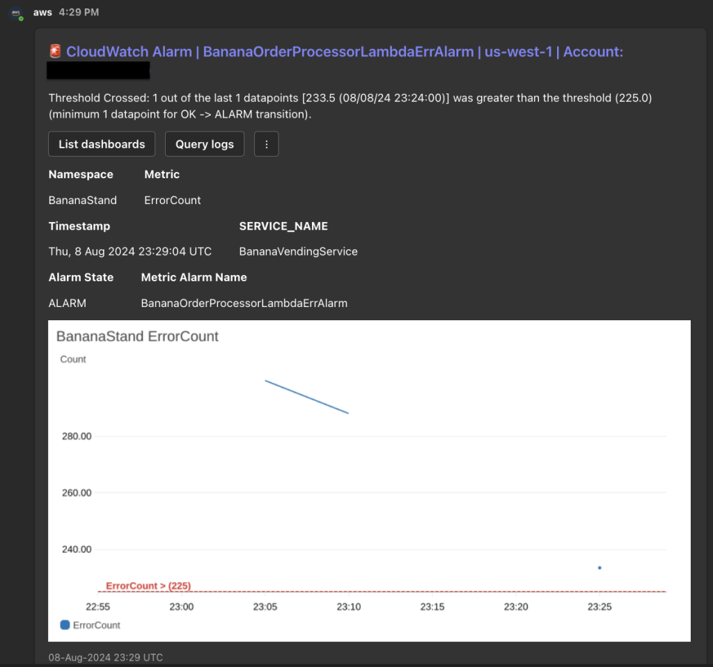 Amazon CloudWatch notification in Microsoft Teams chat channel is shown