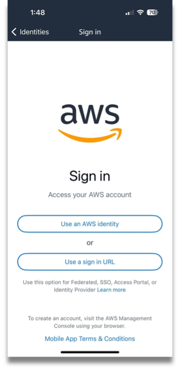 AWS Console Mobile Application sign in screen.