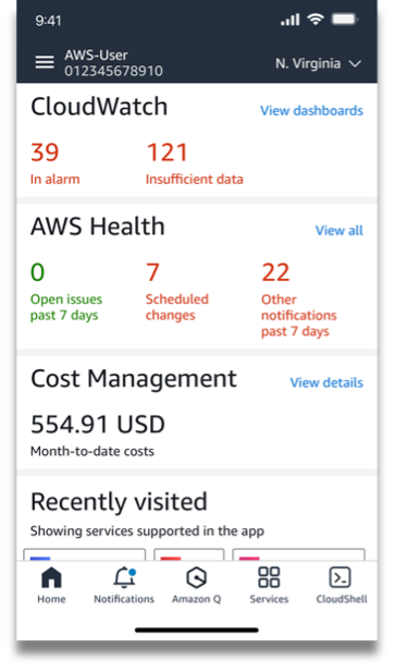 AWS Console Mobile Application home screen.