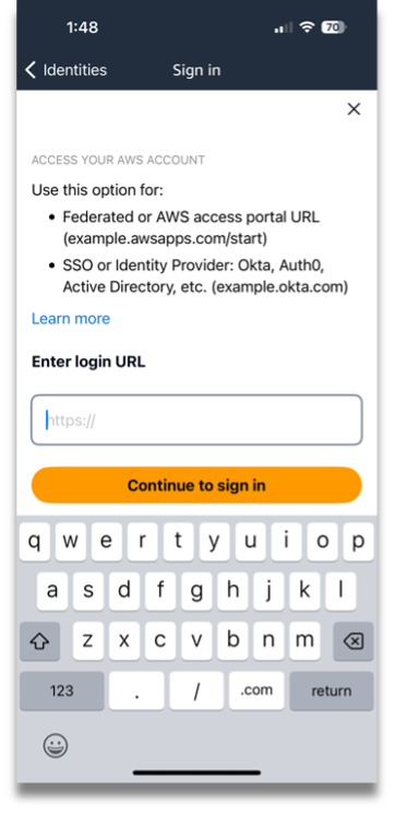 AWS Console Mobile Application sign in URL screen.