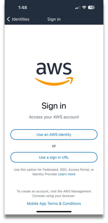 AWS Console Mobile Application sign in screen.