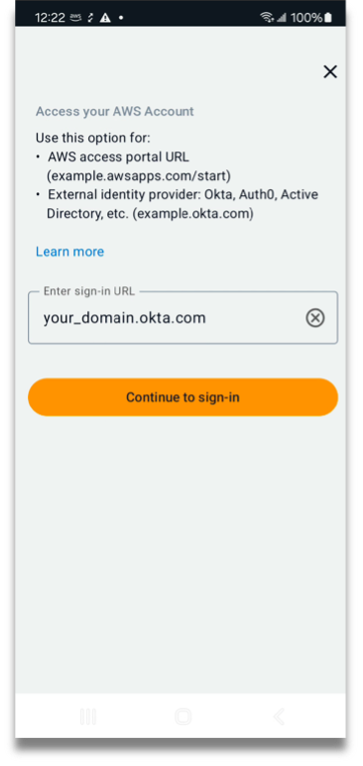 AWS Console Mobile Application sign in URL screen.