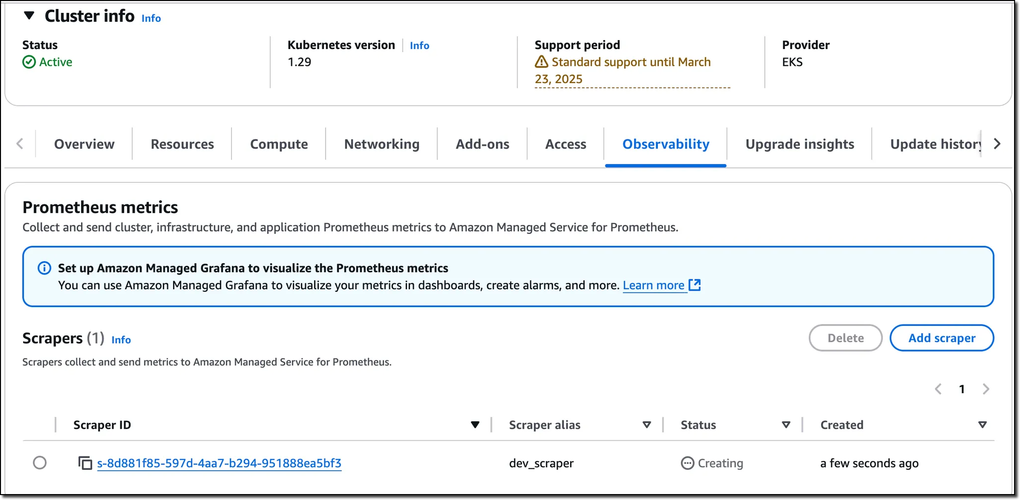 The EKS cluster information page, where the Observability tab is selected. In the details, an Agentless Prometheus scraper is in the creating stage.