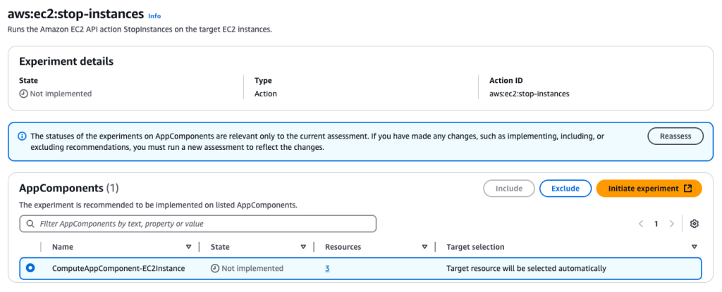 The action experiment dashboard displays a list of AppComponents available for the fault injection experiment. Each instance is represented by a row with details such as name, state, resources and target selection. A prominent Initiate experiment button is visible, allowing users to launch the creation of the selected experiment directly from the dashboard.