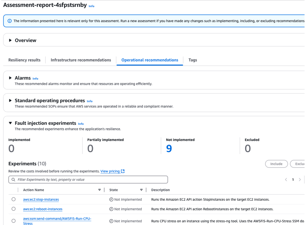 The Fault injection experiments dashboard, located within the Operational recommendations tab of the Assessment Report. The dashboard displays a list of recommended experiments, each with an Action name, state and description. Each of the experiments have a status of Not Implemented.