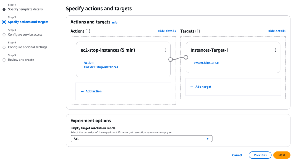 The AWS Fault Injection Service experiment configuration screen showcasing pre-filled actions and targets. The Actions section displays the aws:ec2:stop-instances action, while the Targets section lists the specific Amazon EC2 instances selected from AWS Resilience Hub. Each pre-populated field is clearly marked, demonstrating the seamless data transfer between AWS Resilience Hub and AWS Fault Injection Service. Options to edit or add additional Actions and Targets are visible, allowing for further customization if needed.