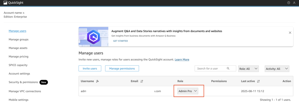 Amazon QuickSight user permissions