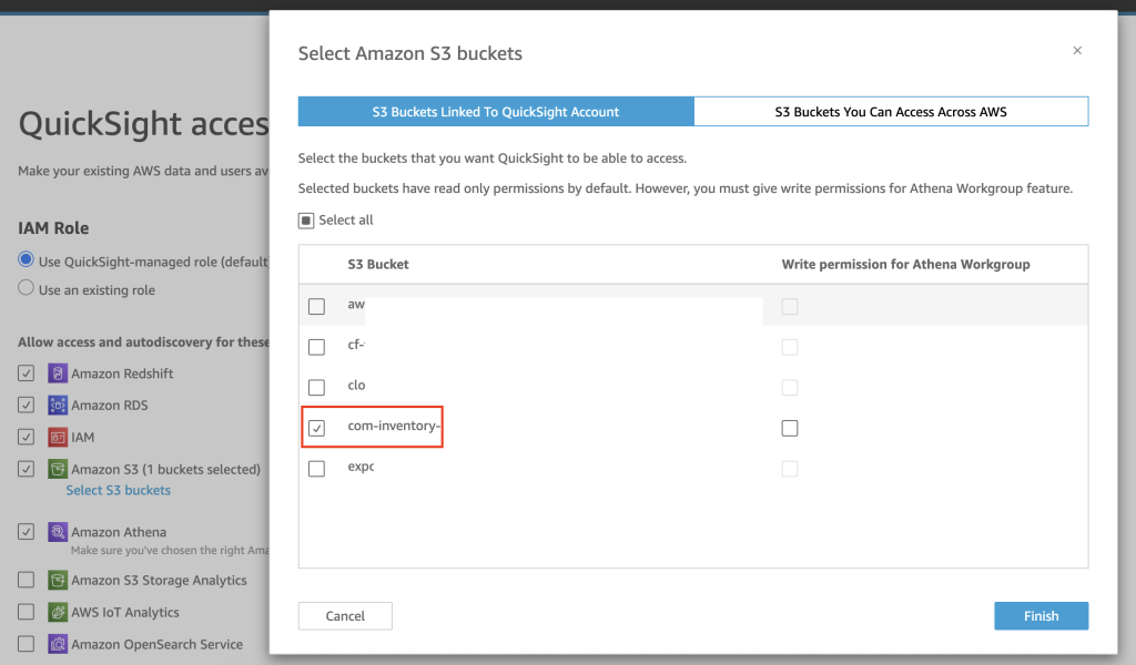 Amazon quicksight role permissions to central S3 bucket