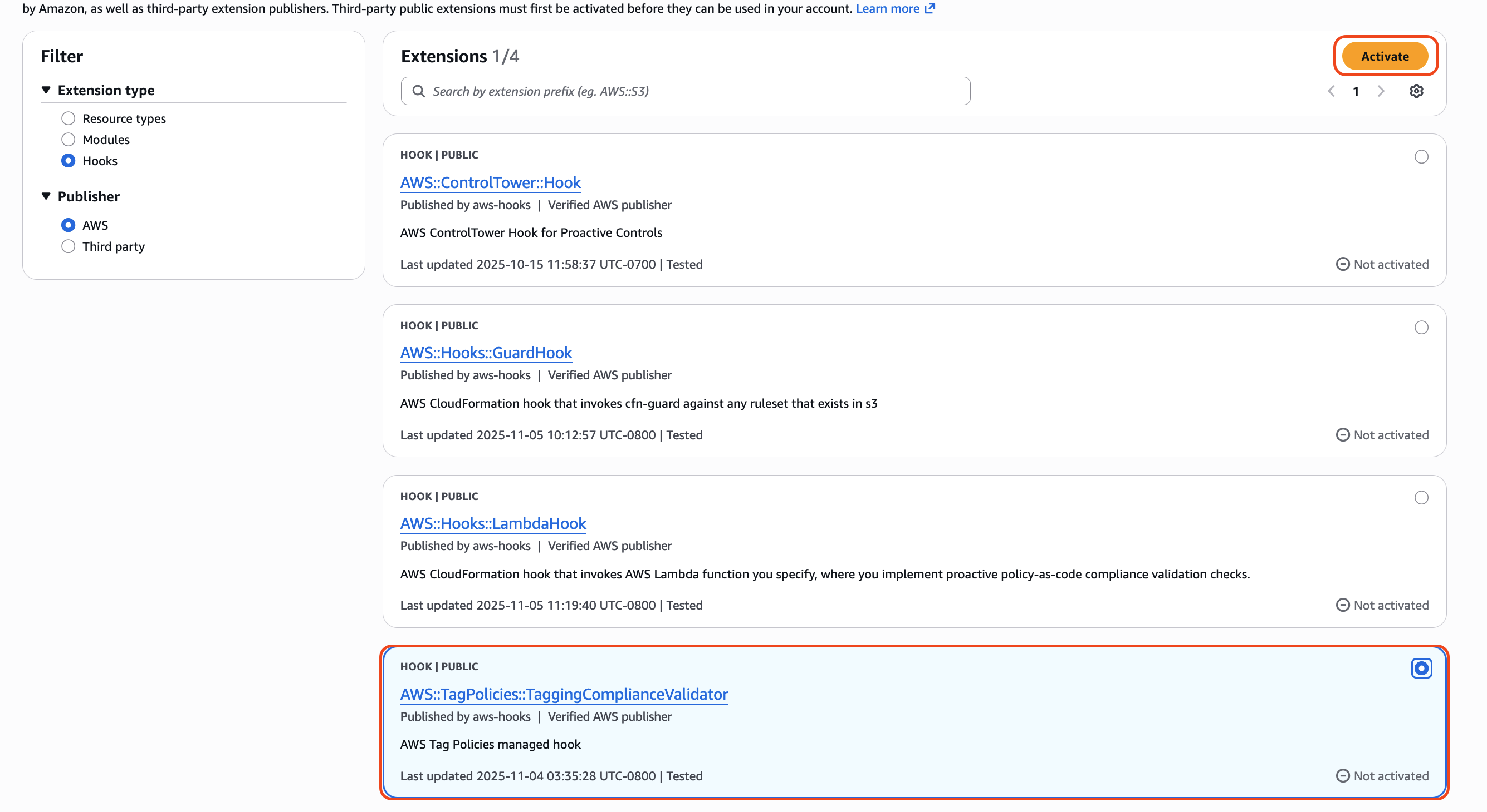 [Figure 3] Select AWS::TagPolicies::TaggingComplianceValidator Hook from the list of AWS managed Hooks