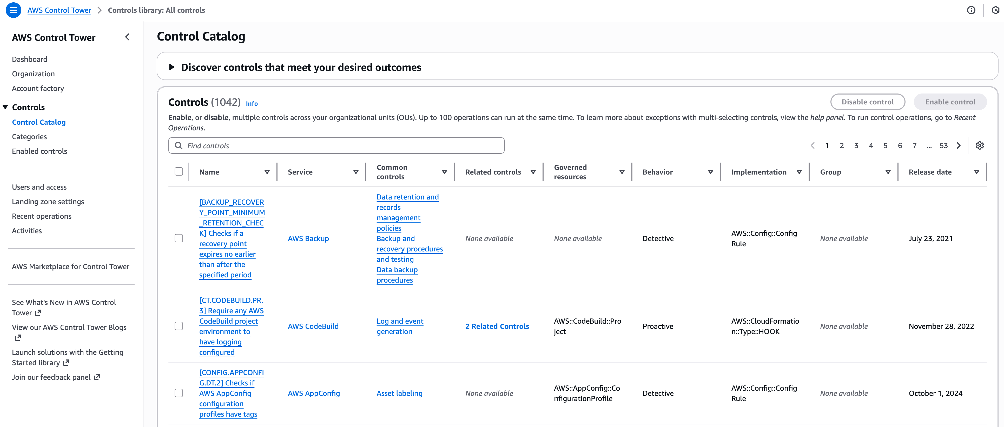 Accessing AWS Control Tower's Control Catalog dashboard where you see the library of all controls with search and filter options