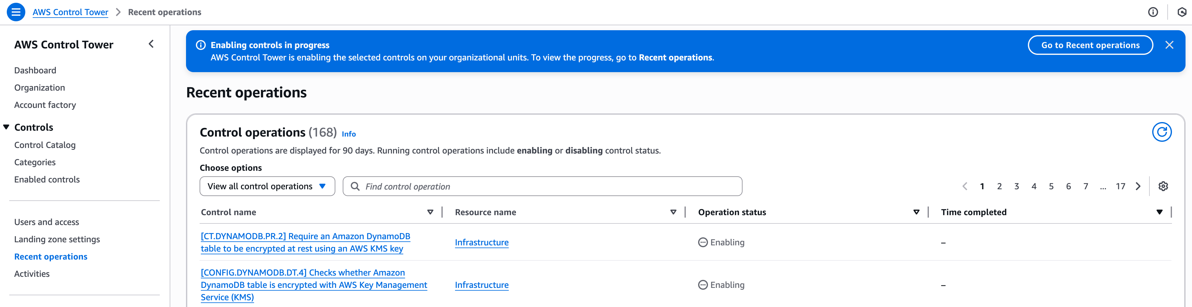 AWS Control Tower Recent Operations dashboard displaying the deployment status of DynamoDB encryption controls