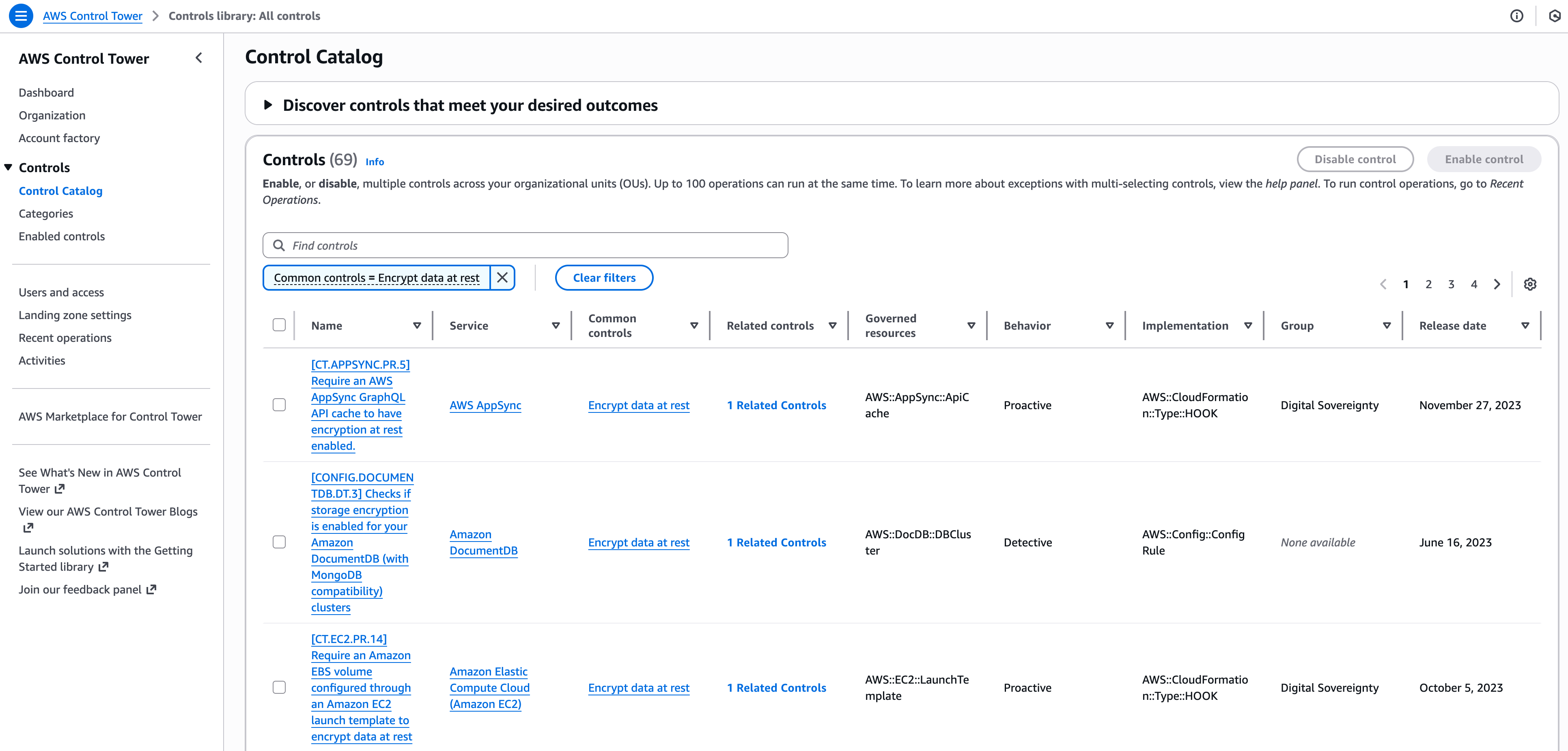 AWS Control Tower’s Control Catalog with "Encrypt data at rest" filter applied, showing encryption controls across multiple AWS services